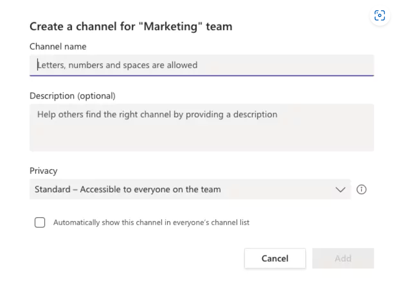 Create a channel for Marketing team